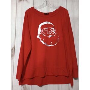 Red Santa Claus Graphic Long Sleeve Pullover Top‎ Holiday Festive Christmas